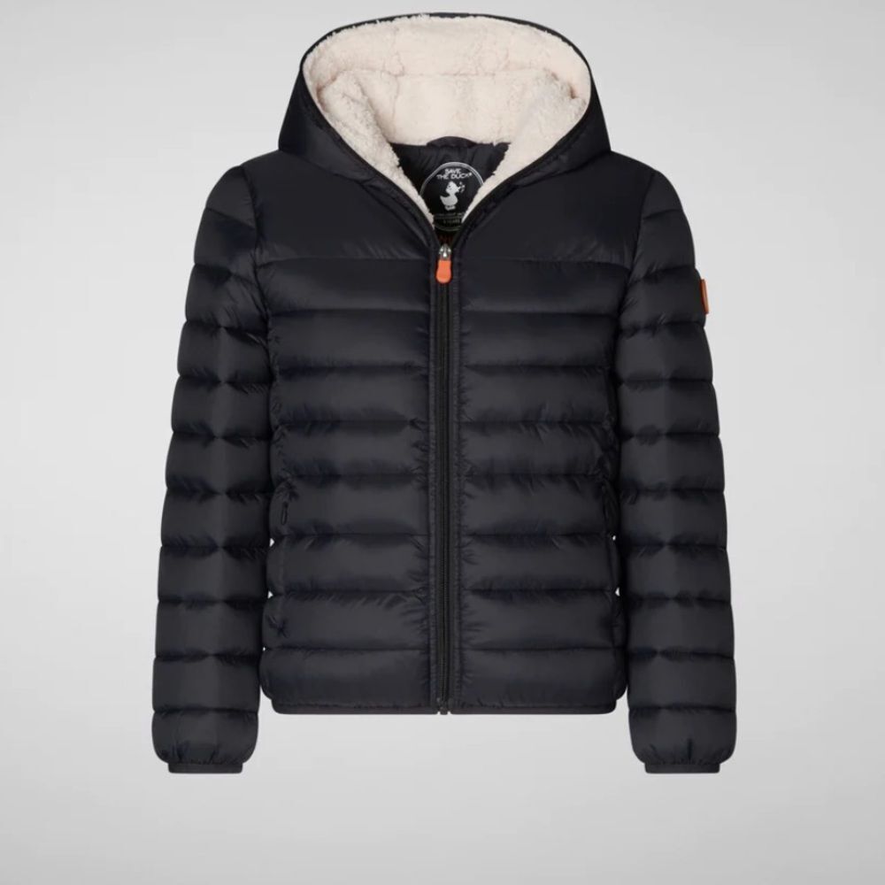 Save The Duck BOYS' ROB FAUX FUR LINED HOODED PUFFER JACKET IN BLACK size 4(boy)